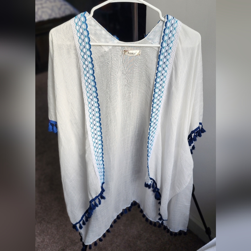 White and Blue Kimono with Tassels